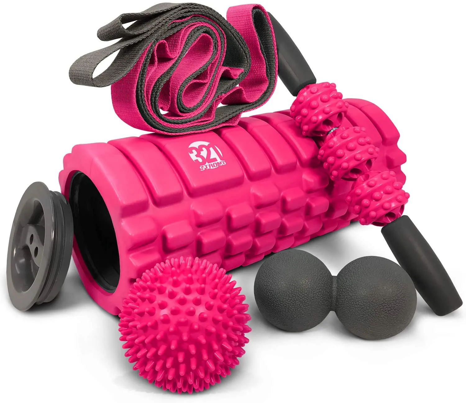 321 STRONG 5 in 1 Foam Roller Set Includes Hollow Core Massage Roller with End Caps, Muscle Roller Stick, Stretching Strap, Double Lacrosse Peanut, Spikey Plantar Fasciitis Ball, All in Giftable Box