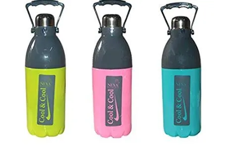 Sakar Plastic Insulated Water Bottle with Handle | Smoothly Opener in Stainless Steel Cap | Durable & Lightweight | Leak-Proof Design (Multi-Color,Pack of 1)(2000 ml).