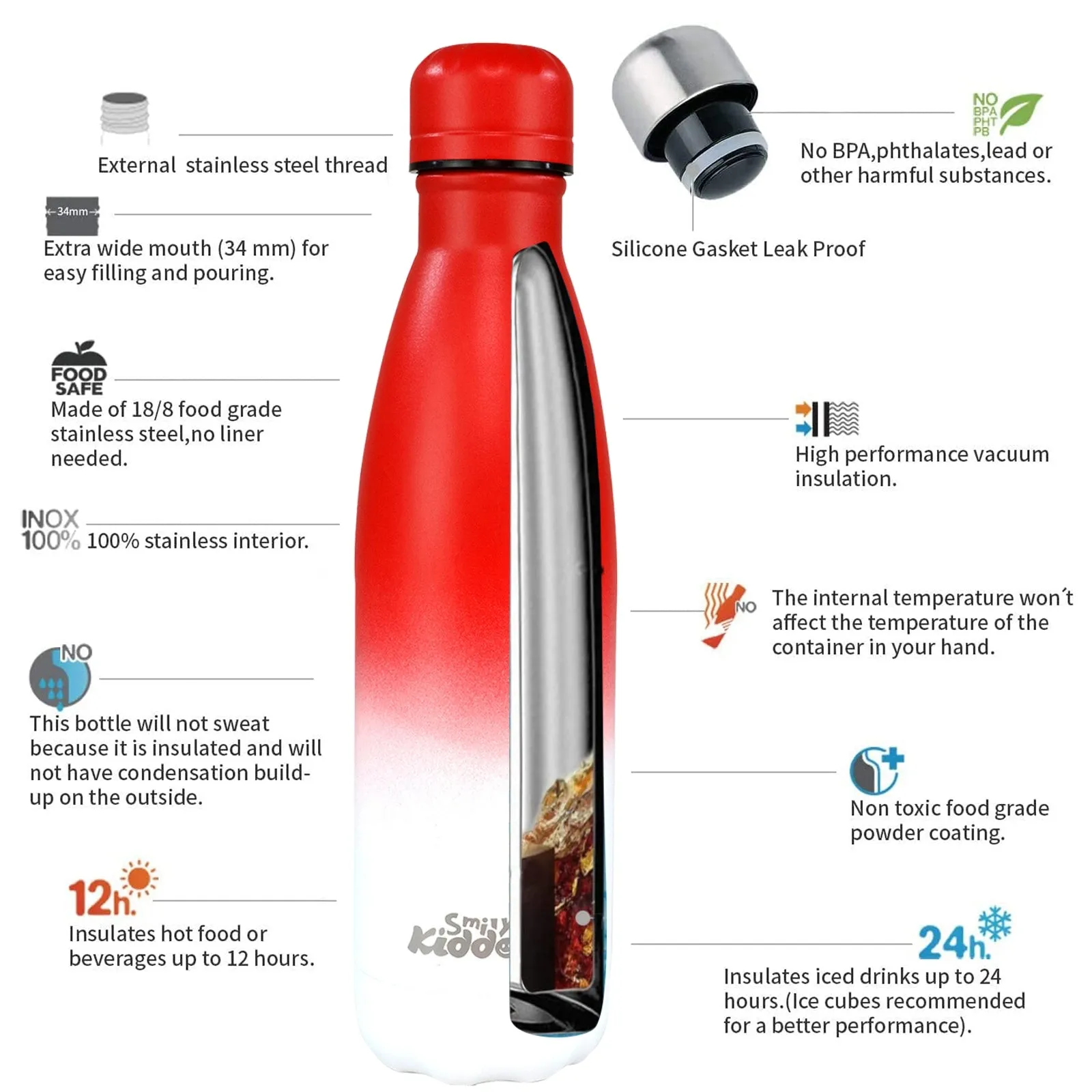 Smily Kiddos 500 ML Stainless Steel Water Bottle  - Matte Red White