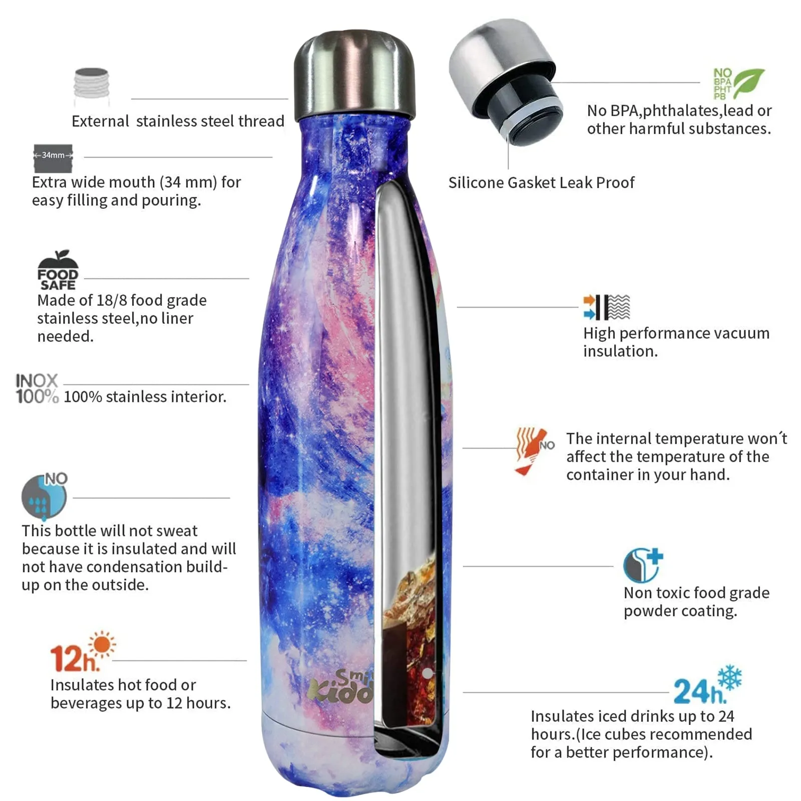 Smily Kiddos 500 ML Stainless Steel Water Bottle -  Starry Night purple