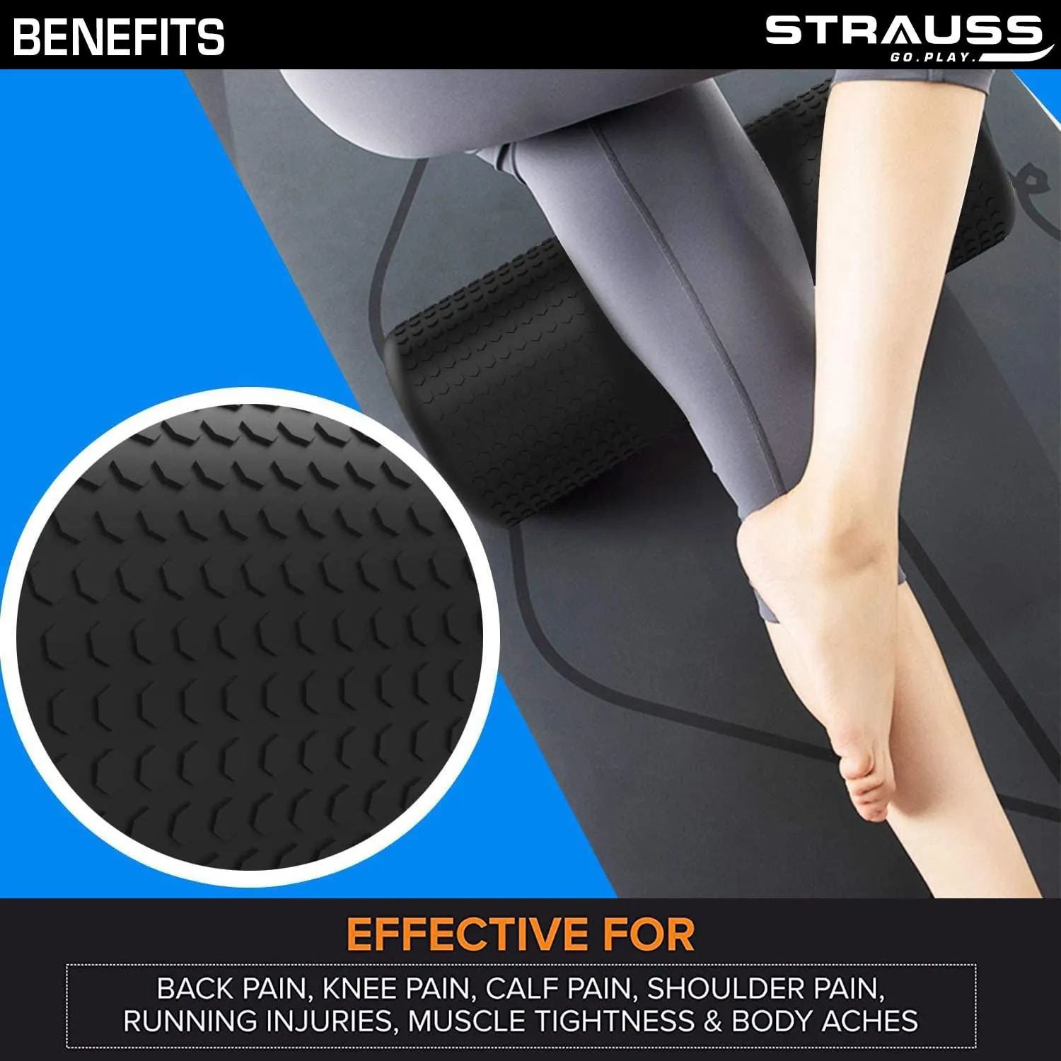 Strauss Yoga Foam Roller | Ideal For Exercise, Muscle Recovery, Physiotherapy, Pain Relief & Myofascial | Deep Tissue Massage Roller 45 Cm, (Black)