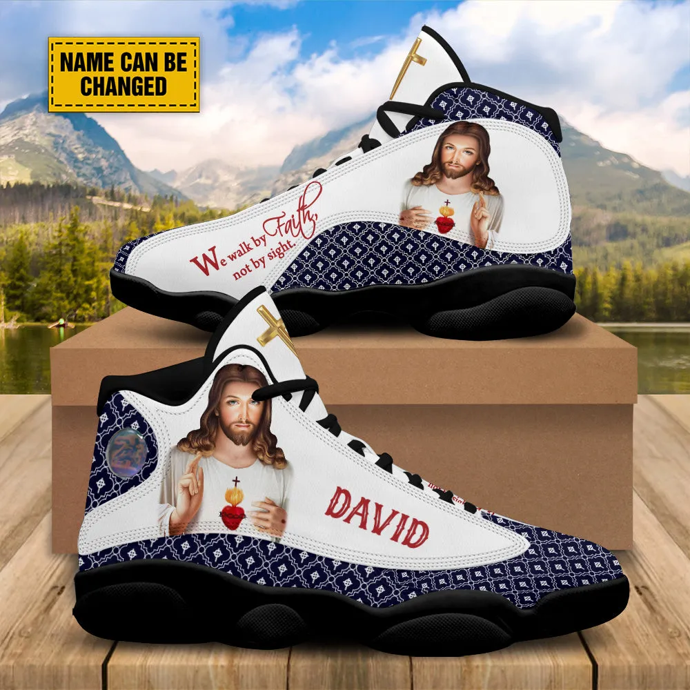 Teesdily | Customized Jesus Art Basketball Shoes, We Walk By Faith Not By Sight Running Shoes, Unisex Shoes With Thick Sole