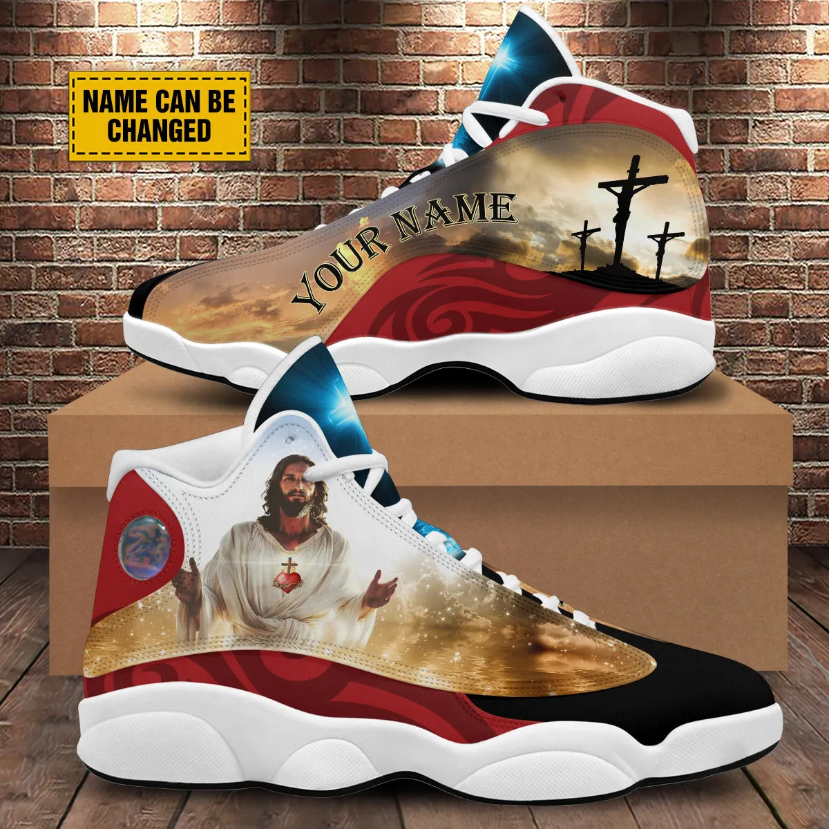 Teesdily | Personalized Jesus Sacred Heart Basketball Shoes, Christian Shoes, Religious Gifts, Jesus Christ Lover Unisex Basketball Shoes